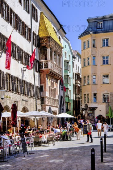 Street cafés on Herzog-Friedrich-Strasse in the old town centre with the Golden Roof, Innsbruck,