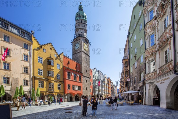 Herzog-Friedrich-Strasse with the city tower in the old town, Innsbruck, Inntal, Tyrolean Alps,