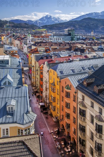Old town roofs above the Herzog-Friedrich-Strasse with the Serles 2717m, Innsbruck, Inntal,