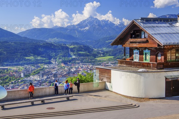 Viewing terrace on the Hungerburg with views of the city and Serles 2717m, Innsbruck, Inntal,