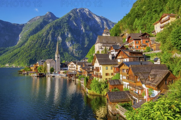 Panoramic view of the village on the steep bank, Hallstatt, Lake Hallstatt, UNESCO World Heritage