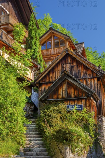 Houses on the steep bank above the lake, Hallstatt, Lake Hallstatt, UNESCO World Heritage Site,