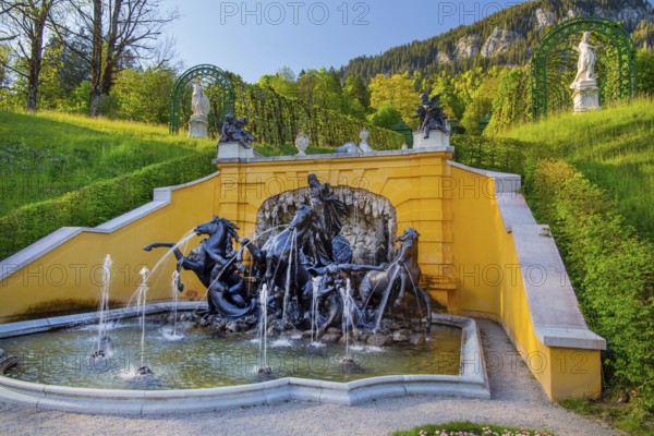 Neptune Fountain at Linderhof Castle in spring, municipality of Ettal, Ammergau Alps, Ammertal,