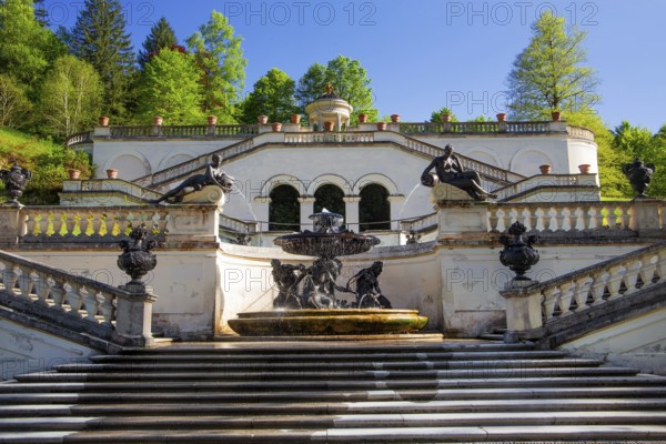 Terraces of the Temple of Venus in the park of Linderhof Castle in spring, municipality of Ettal,
