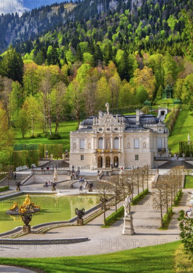 Water parterre with the portal of Linderhof Castle in spring, municipality of Ettal, Ammergau Alps,