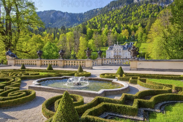 Garden terrace at the Temple of Venus with the portal of Linderhof Castle in spring, municipality