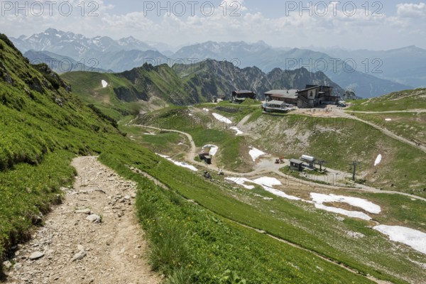Hiking trail to the Nebelhorn summit, behind Edmund-Probst-Haus and Höfatsblick mountain station of