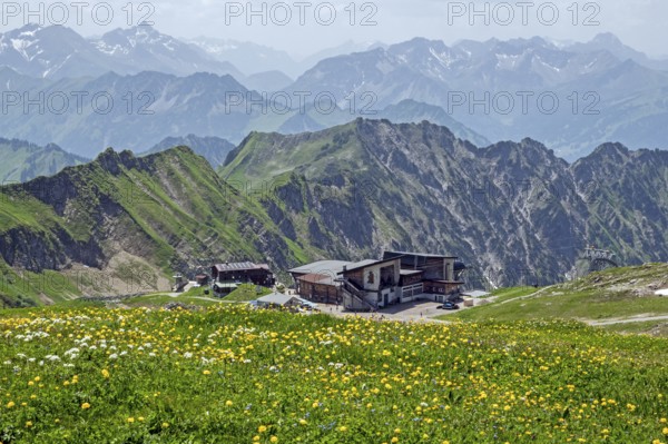 Edmund-Probst-Haus and Höfatsblick mountain station of the Nebelhornbahn, mountains of the Allgäu