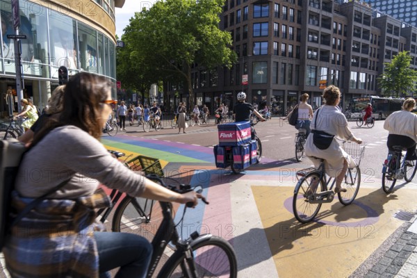 Central cycle path along the Vredenburg, in the city centre of Utrecht, lanes for pedestrians,