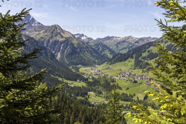 Alpine valleys with the villages of Mittelberg, Hirschegg and Riezlern amidst the surrounding