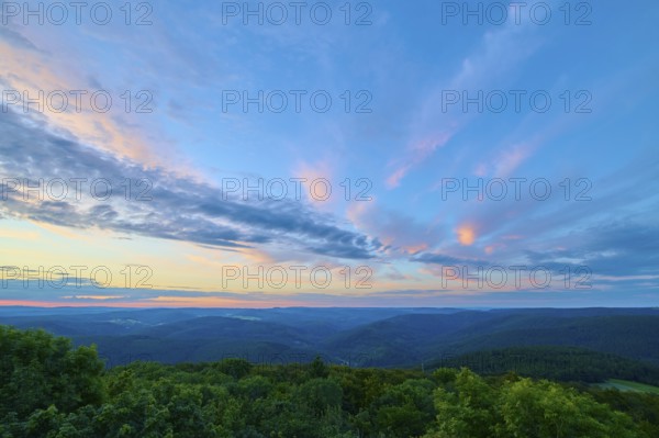 Evening light over a green landscape, Katzenbuckel, Waldbrunn, Neckar-Odenwald-Kreis, Odenwald,