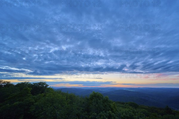 Dark blue sky towards the end of the sunset over a wooded region, Katzenbuckel, Waldbrunn,