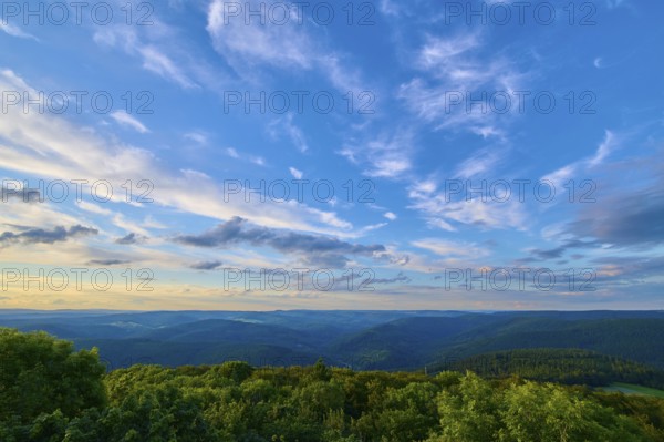 Fresh evening sky sunset over lush forest, clouds passing by, Katzenbuckel, Waldbrunn,