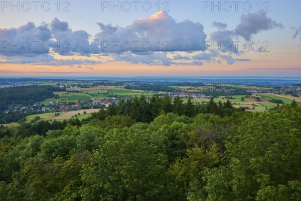 View of a wide landscape with forests, fields, sunrise, Katzenbuckel, Waldbrunn,
