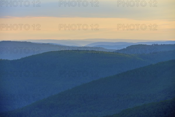 Hills characterised by light and shadows at sunrise, peaceful atmosphere, Katzenbuckel, Waldbrunn,