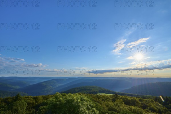 Clear morning sky over a vast landscape with only a few clouds, Katzenbuckel, Waldbrunn,