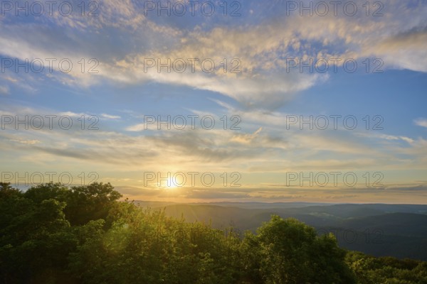 Peaceful landscape at sunset with wide views, Katzenbuckel, Waldbrunn, Neckar-Odenwald-Kreis,