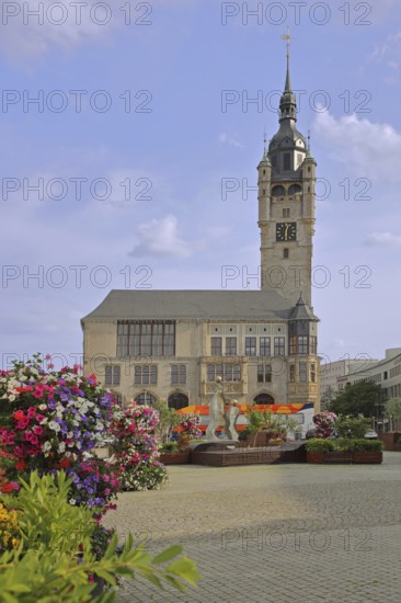 Town hall built in 1901 and floral decoration, tower, Dessau, Dessau-Roßlau, Saxony-Anhalt, Germany