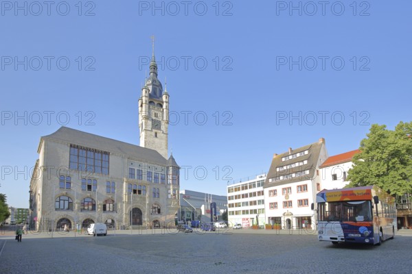 Town hall built in 1901 and omnibus, town hall square, tower, Dessau, Dessau-Roßlau, Saxony-Anhalt,