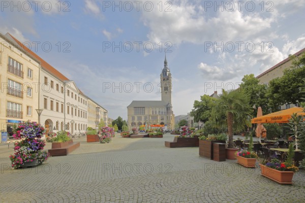 Town hall built in 1901 and floral decoration, town hall square, tower, Dessau, Dessau-Roßlau,