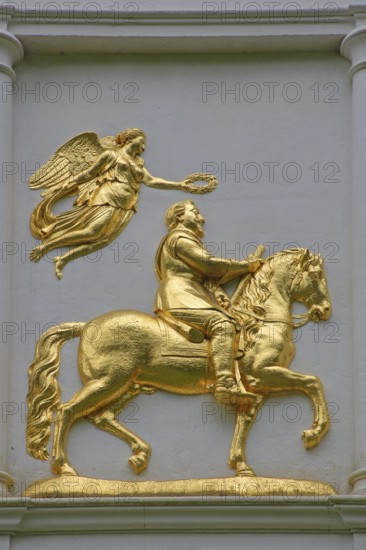 Relief with golden horseman of the Swedish King Gustav II Adolf, equestrian figure, angel, Sweden,