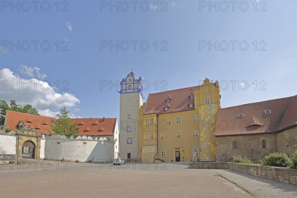 Renaissance castle with museum and Blue Tower, inner courtyard with archway, Bernburg,