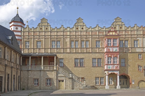 Wolfgangbau of the Renaissance castle, inner courtyard, ornaments, oriel, tail gable, Bernburg,