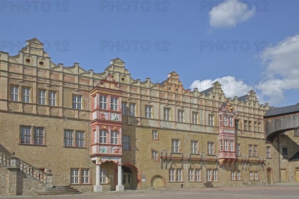 Wolfgangbau and Joachim Ernst building in the inner courtyard of the Renaissance castle, ornaments,