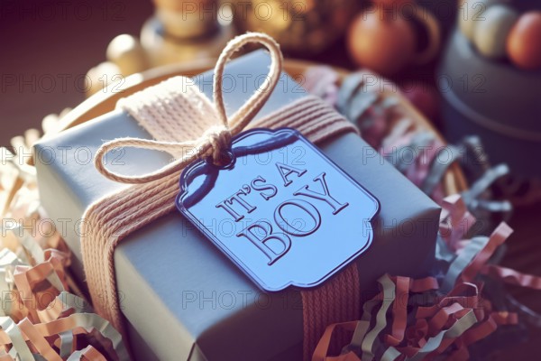 Baby blu egift box with tag with text it's a boy, a commentary on gender roles and stereotypes.