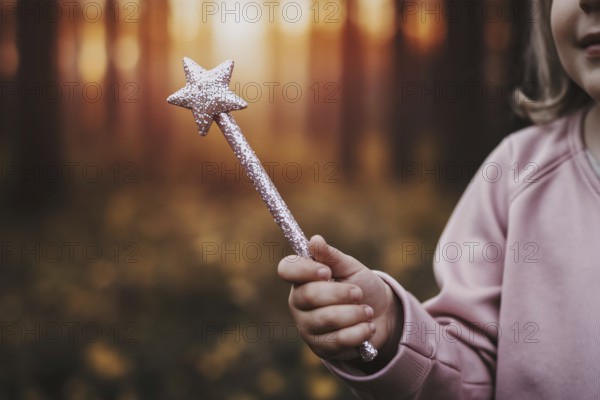 Close-up of pink glittering fairy wand with star tip held by young girl's hand, magical children's