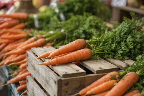 Fresh orange carrot with leafy top on market stall. Rustic vegetable display bathed in natural