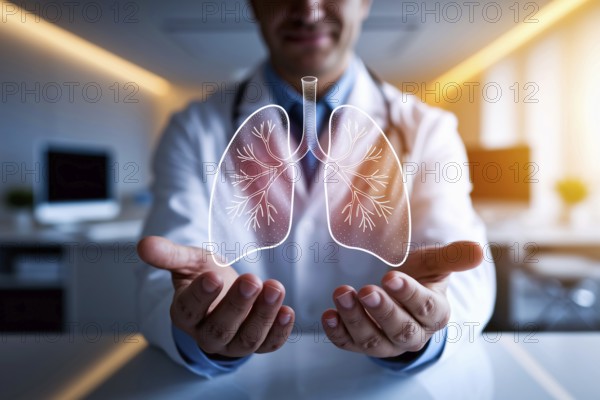 Doctor holding glowing virtual human lungs hologram in modern medical office. Generative ai, AI