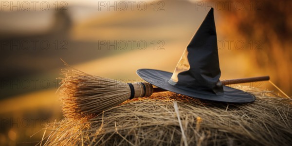 Banner with Halloween witch hat with broom on haystack. Spooky holiday decoration concept.