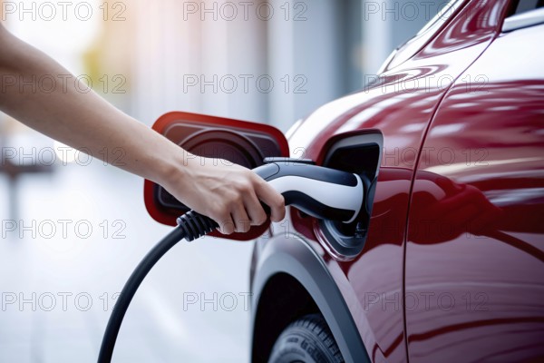 Person plugging electric car charger into red e-car. Eco-friendly transportation concept.