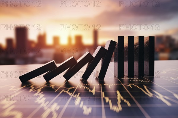 Black bricks falling like dominoes on financial chart. Concept of market collapse, chain reaction,