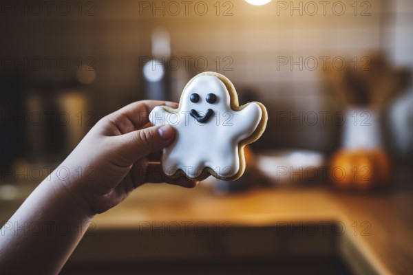 Close up of child's hand holding ghost-shaped Halloween cookie with white icing and smiling face in