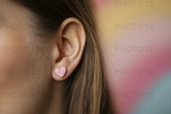 Close-up of pink heart-shaped earrings on woman's ear with soft pastel background. Generative Ai,