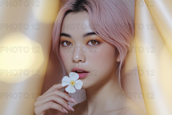 Asian woman with pink hair with flawless skin holding white blossom. Elegant beauty portrait with
