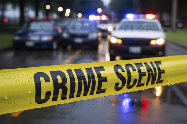 Bright yellow crime scene tape with water droplets stretches across a rainy street with police car