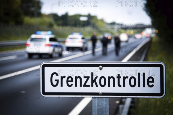 Close up of road sign saying 'Grenzkontrolle' (border control) with blurry police car and offecers