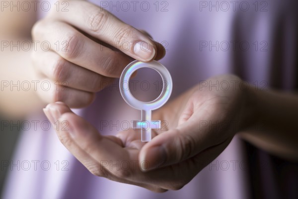 Woman's hands gently holding female gender symbol. A serene representation of femininity, identity,