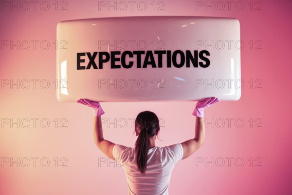 Woman straining under block labeled expectations with pink gloves, symbolizing gender stereotypes