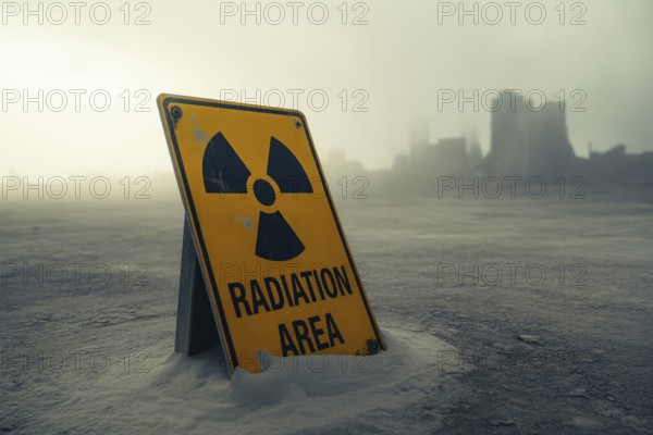 Radiation warning sign in scorched earth. Symbol danger of nuclear war and environmental decay.