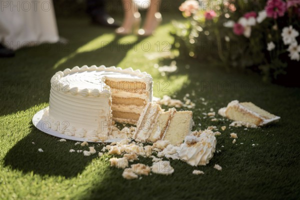 Shattered wedding cake lies in disarray on lush green lawn in warm golden sunlight. Generative ai,