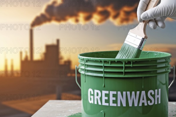 Greenwahsing concpet. Gloved hand stirs greenwash paint in front of smoking factory background.