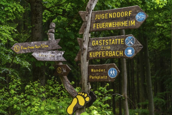 Signpost with directions of the hiking trails, Frau Holle pond and car park, GEO nature park Park