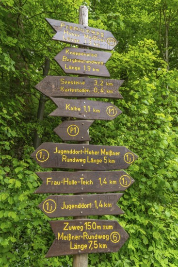 Signpost with directions for hiking trails and premium trails, GEO nature park Park Frau Holle Land