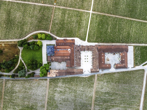 Top Down over Chateau Pontet-Canet Vineyard and grape fields around Pauillac and Gironde Estuary