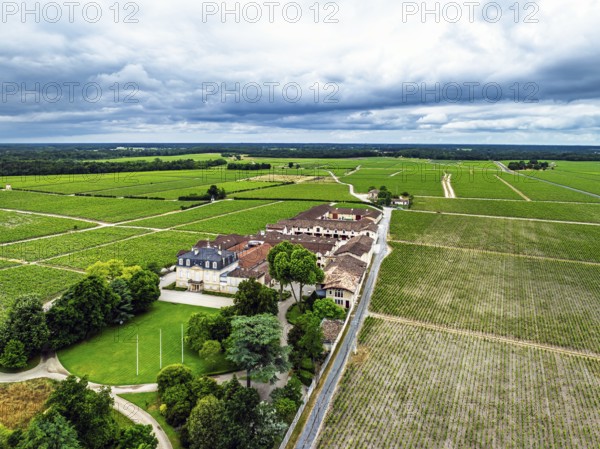 Chateau Pontet-Canet Vineyard and grape fields around Pauillac and Gironde Estuary from a drone,