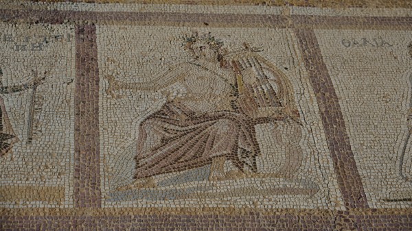 Ancient mosaic of a seated figure with lute, mythological impression, Archaeological Site, Western